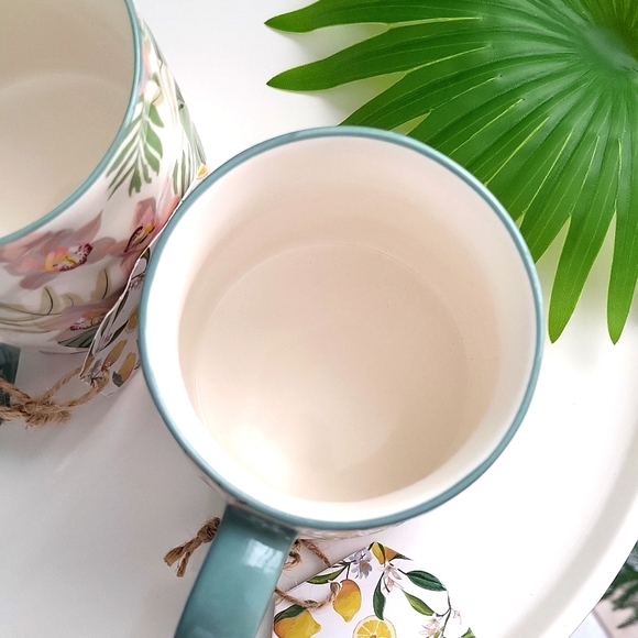 Coffee Mugs Set of 2 Tropical Palm Leaf  Artisan Collection New with tags - Picture 5 of 7